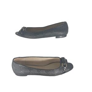 Talbots Womens Black Woven Peep Toe Flats Gold Buckle Horsebit Shoes Size 8